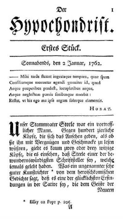 Erstes Stück. Sonnabends, den 2 Januar, 1762.