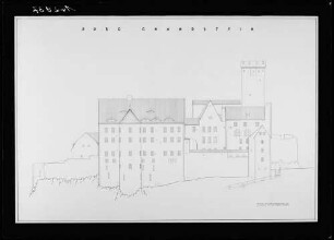 Burg Gnandstein : Burg Gnandstein. Ansicht von Süden, Maßstab 1 : 100. Aufgemessen von Chr. Johannes und H. Krause, 1953