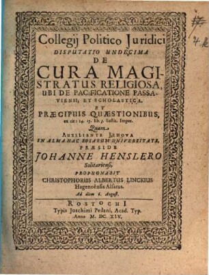 Collegium politico-iuridicum, Disc. XI.. De cura magistratus religiosa