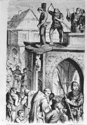 Ausstellung am Pranger "Kaaken" auf der Gerichtslaube zu Berlin im Jahr 1386