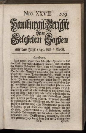 Nro. XXVII. auf das Jahr 1745. den 2 April. - Nro. XXXIV. auf das Jahr 1745. den 30 April.