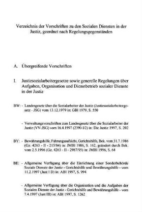 273-296, Verzeichnis der Vorschriften zu den Sozialen Diensten in der Justiz, geordnet nach Regelungsgegenständen