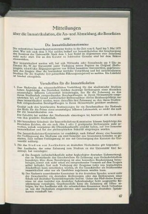 Mitteilungen über die Immatrikulation, die An- und Abmeldung, die Benefizien usw.
