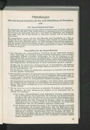 Mitteilungen über die Immatrikulation, die An- und Abmeldung, die Benefizien usw.