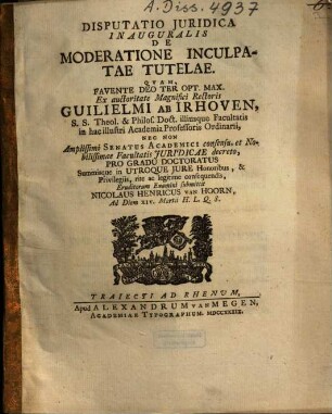 Disputatio Iuridica Inauguralis De Moderatione Inculpatae Tutelae