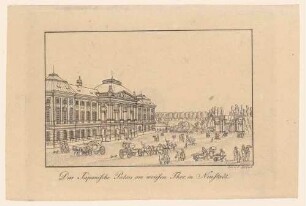 Das Japanische Palais in Dresden, Blick vom Palaisplatz nach Westen, mit dem alten Leipziger Tor (Weißes Tor)