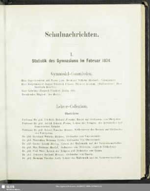 I. Statistik des Gymnasiums im Februar 1874