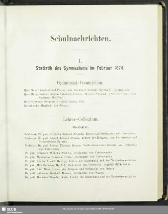 I. Statistik des Gymnasiums im Februar 1874