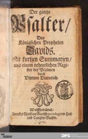 Der gantze Psalter Des Königlichen Propheten Davids