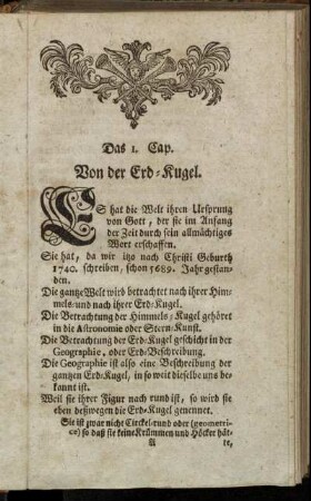 Das I. Cap. Von der Erd-Kugel.