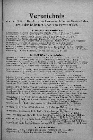 Verzeichnis der zur Zeit in Hamburg vorhandenen höheren Staatsschulen, sowie der halböffentlichen und Privatschulen