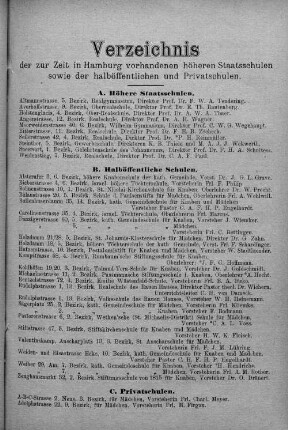 Verzeichnis der zur Zeit in Hamburg vorhandenen höheren Staatsschulen, sowie der halböffentlichen und Privatschulen