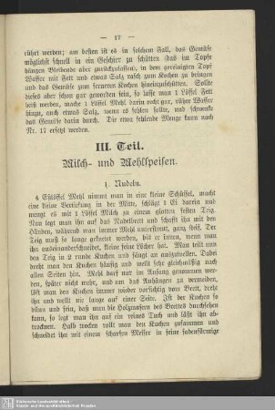 III. Teil. Milch- und Mehlspeisen