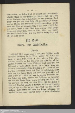 III. Teil. Milch- und Mehlspeisen