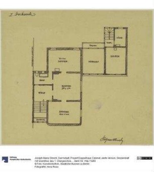 Darmstadt, Projekt Doppelhaus Cabinet, vierte Version, Skizzenblatt mit Grundriss des 1. Obergeschosses