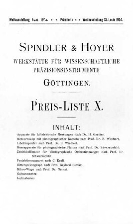 Werkstätte für wissenschaftliche Präzisionsinstrumente Göttingen: Preis-Liste X