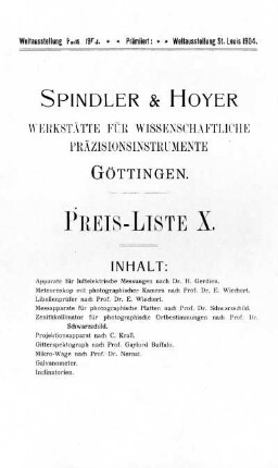 Werkstätte für wissenschaftliche Präzisionsinstrumente Göttingen: Preis-Liste X