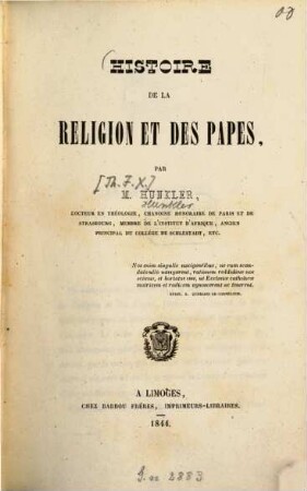 Histoire de la religion et des papes : Bibliothèque chrétienne et morale