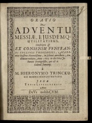 Oratio de adventu Messiae, eiusdemque utilitatibus