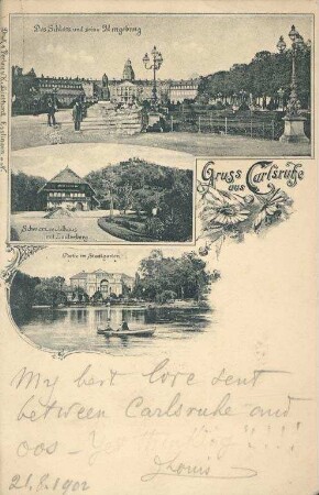 Postkartenalbum. "Gruss aus Carlsruhe". Schloss und Umgebung, Schwarzwaldhaus mit Lauterberg, Stadtgarten mit Stadtgartensee
