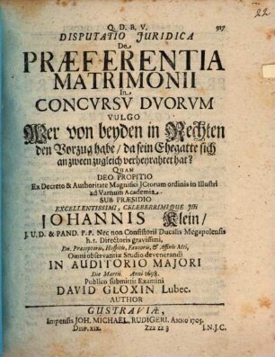 Disp. iur. de praeferentia matrimonii in concursu duorum