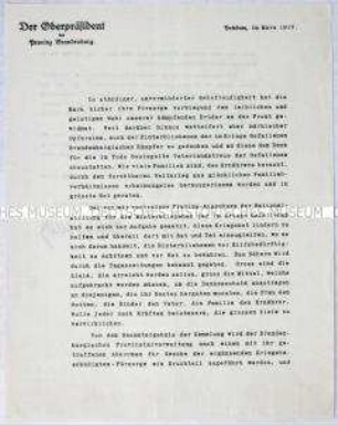 Offener Brief des Oberpräsidenten der Provinz Brandenburg mit dem Aufruf zu Spenden für die Hinterbliebenen von Kriegsopfern