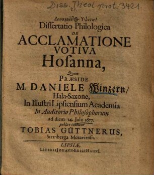Dissertatio Philologica De Acclamatione Votiva Hosanna