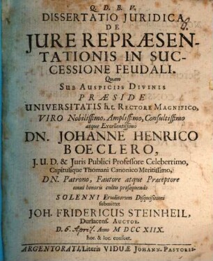 Diss. iur. de iure repraesentationis in successione feudali