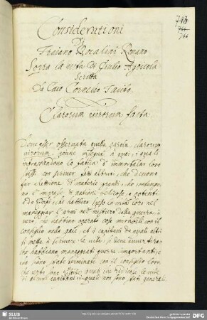 Bl. 766-809. Considerationi di Traiano Boc[!]alini Romano sopra la uita di Giulio Agricola scritta da Caio Cornelio Tacito. (Kap. 1 - Mitte 4.)