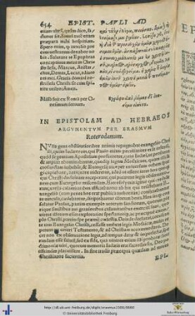 IN EPISTOLAM AD HEBRAEOS ARGUMENTUM PER ERASMUM Roterodamum
