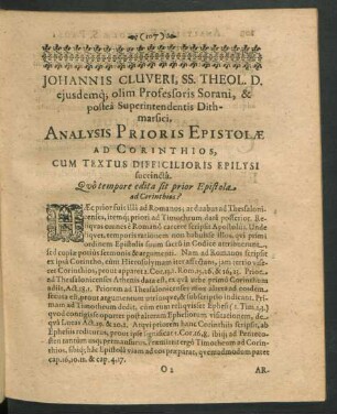 Johannis Cluveri ... Analysis Prioris Epistolae Ad Corinthios, Cum Textus Difficilioris Epilysi succinta.