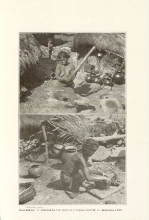 Plate LXXXIX. (a) Macerating the clays in a wooden mortar; (b) Beginning a pot
