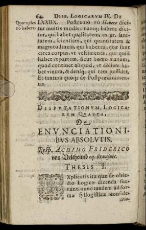Disputationum Logicarum Quarta. De Enunciationibus Absolutis.