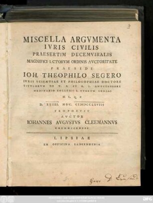 Miscella Argvmenta Ivris Civilis Praesertim Decemviralis