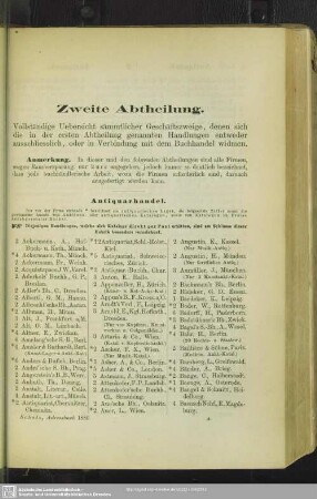 Zweite Abtheilung. Vollständige Uebersicht sämmtlicher Geschäftszweige, denen sich die in der ersten Abtheilung genannten Handlungen entweder ausschliesslich, oder in Verbindung mit dem Buchhandel widmen