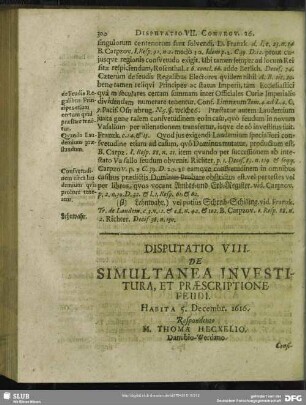 Disputatio VIII. De Simultana Investitura, Et Praescriptione Feudi