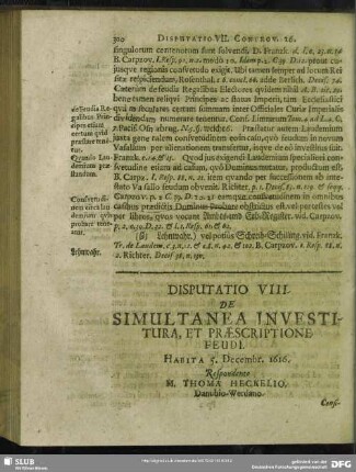 Disputatio VIII. De Simultana Investitura, Et Praescriptione Feudi