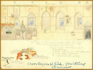 Liel Chorkapelle der Kirche Liel Abwicklung der Kapellenwände mit schematischer Darstellung der Bilderanordnung und Grabsteinen sowie eine Detailzeichnung