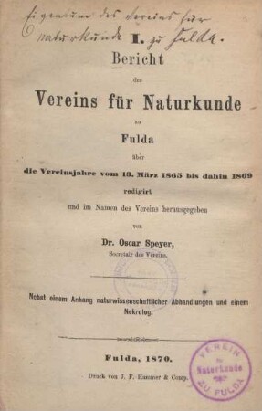 1.1865/69(1870): Bericht des Vereins für Naturkunde zu Fulda