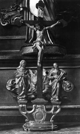 Kreuzigungsgruppe : Kreuzigungsgruppe. Holz, geschnitzt (1601/1800). Wangen im Allgäu, Spitalkirche Heiliger Geister