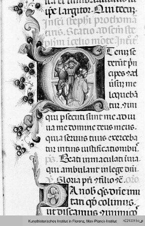 Missale Romanum : Textseite mit historisierter Initiale E: Steinigung des Stephanus und ornamentierter Initiale D