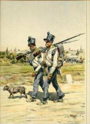 Uniformdarstellung, Gemeine des Infanterie-Regiments mit Hund, Österreich, 1848. Tafel 43 aus: Ottenfeld/Teuber: Die österreichische Armee.