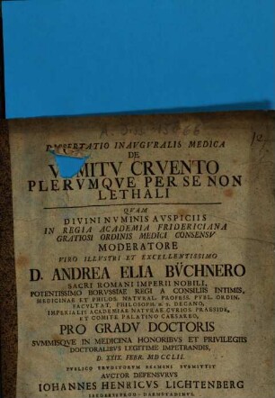 Dissertatio Inauguralis Medica De Vomitu Cruento Plerumque Per Se Non Lethali
