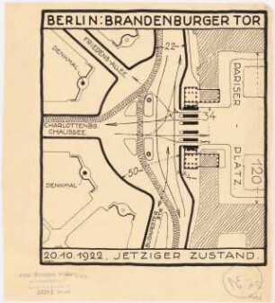 Verkehrsregulierungsvorschläge, Berlin Brandenburger Tor: Lageplan 1:1000, mit Angabe der Fahrrichtungen