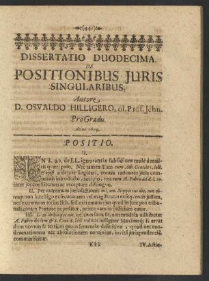 Dissertatio Duodecima. De Positionibus Iuris Singularibus