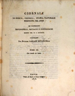 Giornale di fisica, chimica, storia naturale, medicina ed arti. 9, 9. 1816