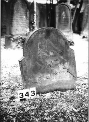 Grabstein 343 (Index: 99629824) Material: Sandstein Zustand: eingesunken, gebrochen, abgeblättert Maße HxBxT: 69x57x9 cm Beschreibung: Stele mit eingezogenem Rundbogenabschluß: Grabstein 343