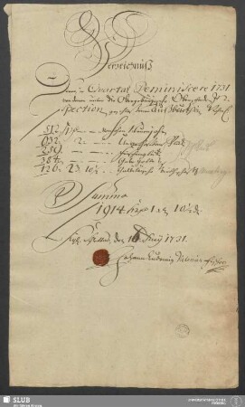 Verzeichnüß, Derer, in Qvartal Reminiscere 1731. von denen unter die Obergebürgische Oberzehenden Inspection geschloßenen Außbeuthen ... Schlettau, den 16. May 1731 - XVII 103 4. (1731,R)