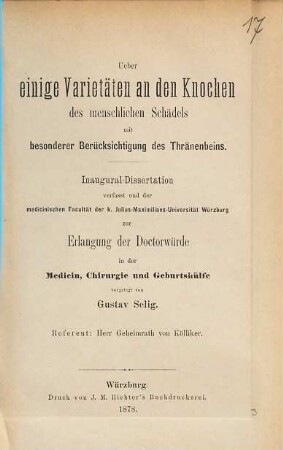 Ueber einige Varietäten an den Knochen des menschlichen Schädels mit besonderer Berücksichtigung des Thränenbeins