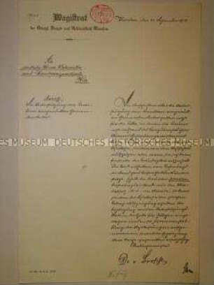 Kopie eines handschriftlichen Rundschreibens des Magistrats von München zum Beschluss der Unterstützung von Familien eingerückter Gemeindearbeiter